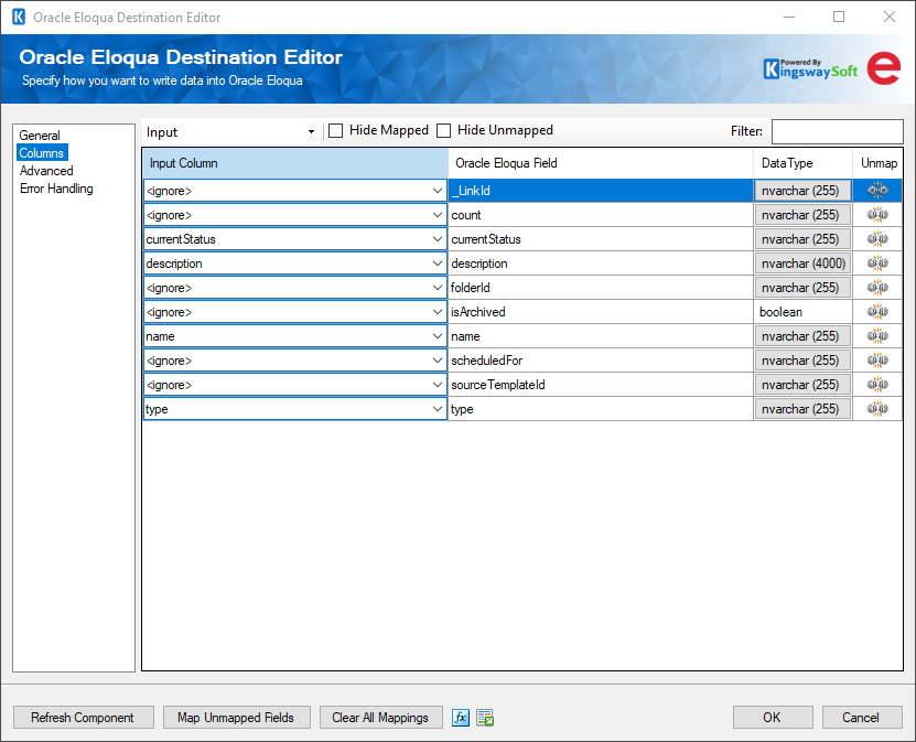 SSIS Oracle Eloqua Destination - Columns